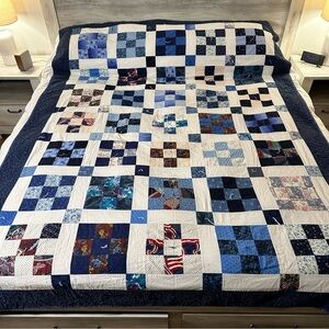 Handmade Blue Patchwork Quilt 94” x 78” Lightweight Flannel Backing Bed Cover
